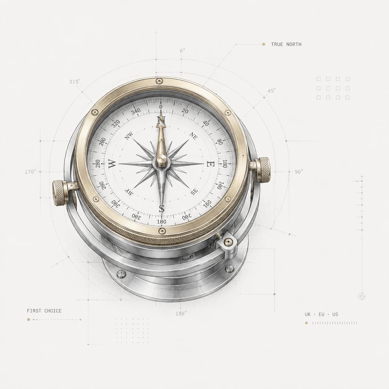 Navigation compass technical illustration annotated with true north and first choice