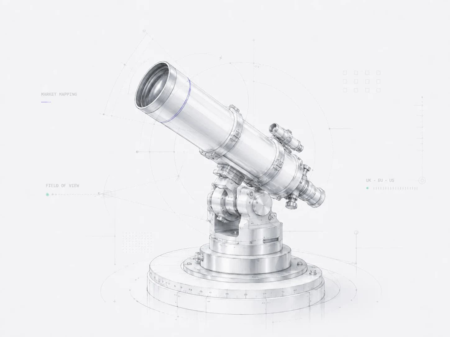 Telescope technical illustration annotated with market mapping and field of view