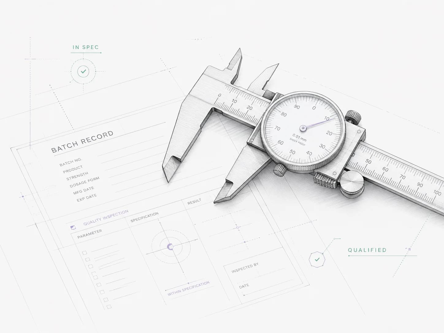 Dial calipers over a batch record, technical illustration